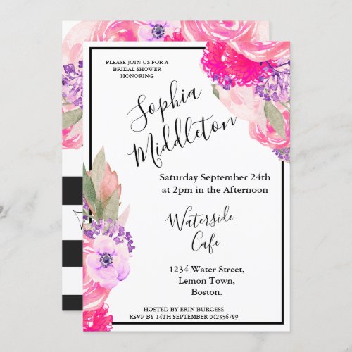 Rose Pink Floral Black White  Stripe Modern Chic Invitation