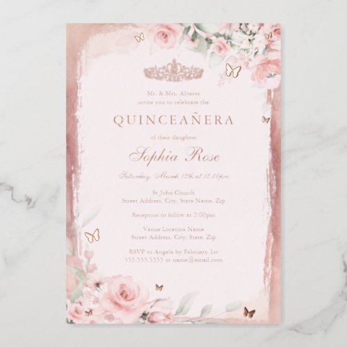 Rose Pink Floral Butterfly Quinceanera 15th Foil Invitation