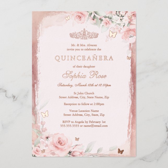 Rose Pink Floral Butterfly Quinceanera 15th Foil Invitation (Front)