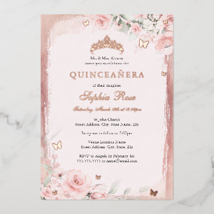 Rose Pink Floral Butterfly Tiara Quinceanera 15th Foil Invitation