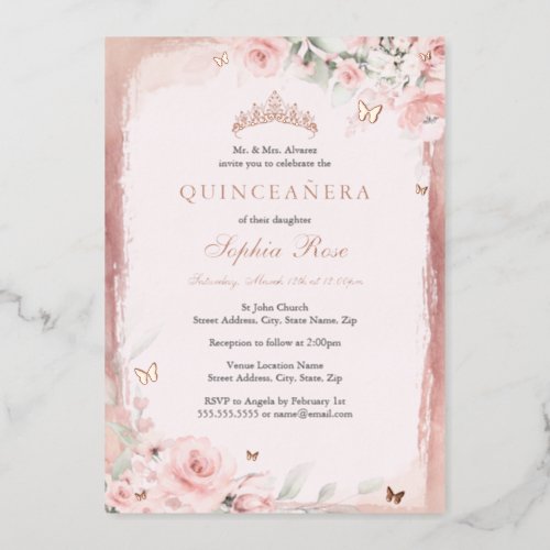 Rose Pink Floral Butterfly Tiara Quinceanera 15th Foil Invitation