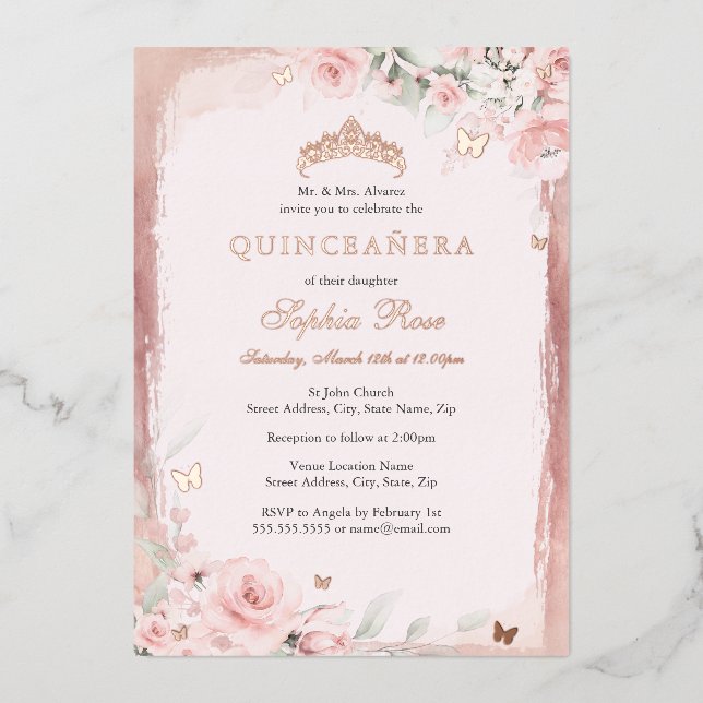 Rose Pink Floral Butterfly Tiara Quinceanera 15th Foil Invitation (Front)