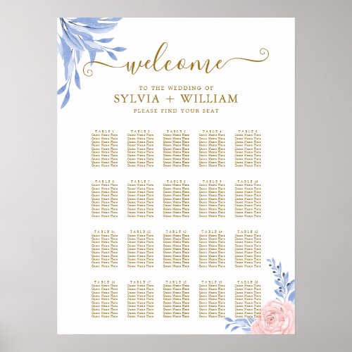 Rose Pink Floral Gold Blue Wedding Seating Charts
