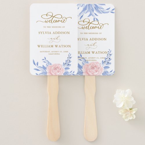 Rose Pink Floral Gold Minimal Dusty Blue Wedding Hand Fan