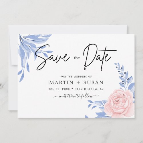 Rose Pink Floral Gold Minimal Dusty Blue Wedding  Save The Date
