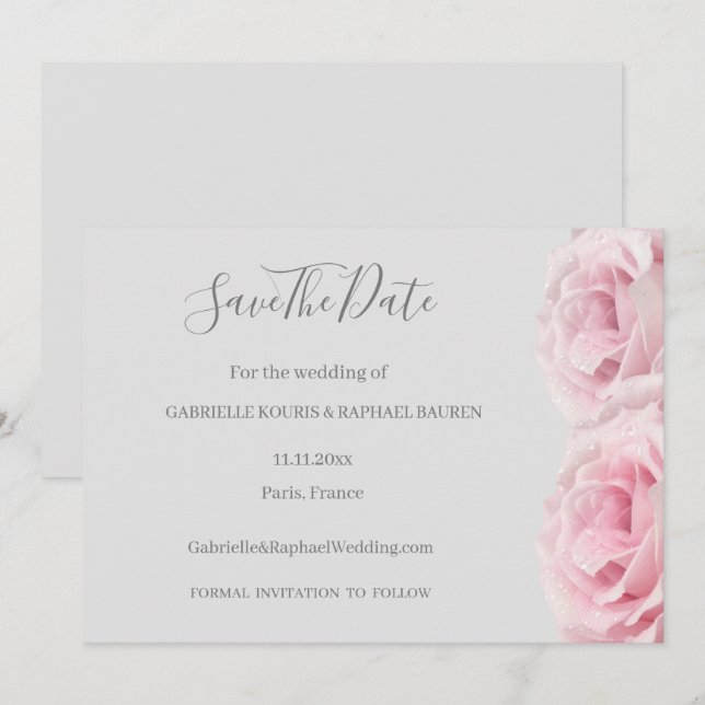Rose Pink Flower Gray Floral Save The Date Wedding Invitation (Front/Back)