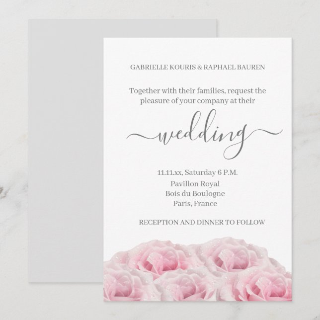 Rose Pink Flower White Gray Elegant Floral Wedding Invitation (Front/Back)