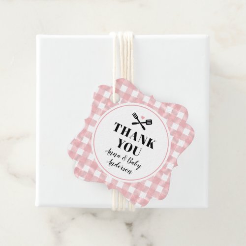 Rose Pink Gingham Plaid Baby Q Shower Thank You Favor Tags