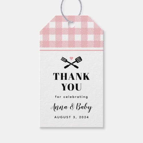 Rose Pink Gingham Plaid Baby Q Shower Thank You Gift Tags
