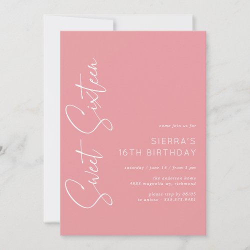 Rose Pink Girly Sweet Sixteen Script 16th Birthday Invitation
