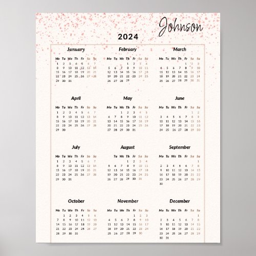 Rose Pink Glitter 2024 Yearly Calendar Poster