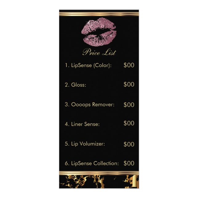 Rose Pink Glitter and Marble Lip Price List Rack Card (Front)