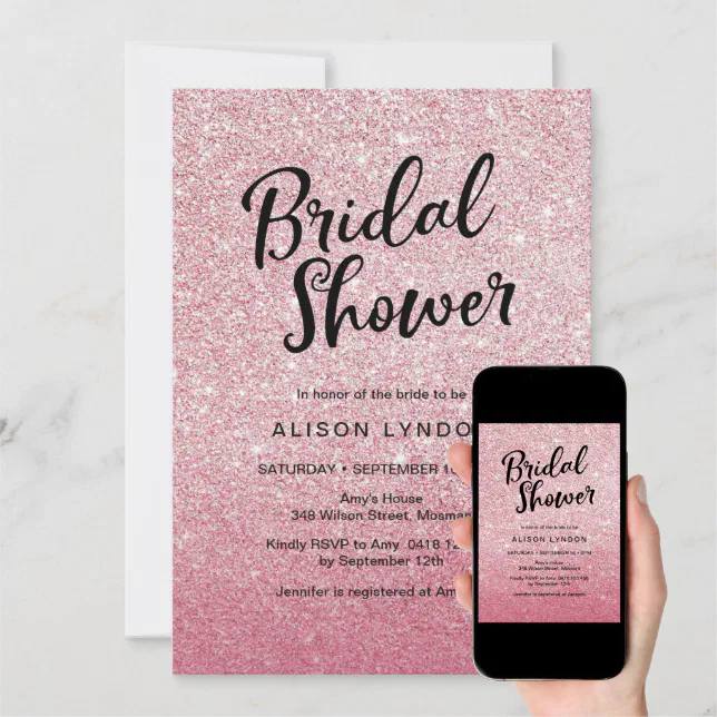 Rose pink glitter Bridal Shower Invitation Zazzle