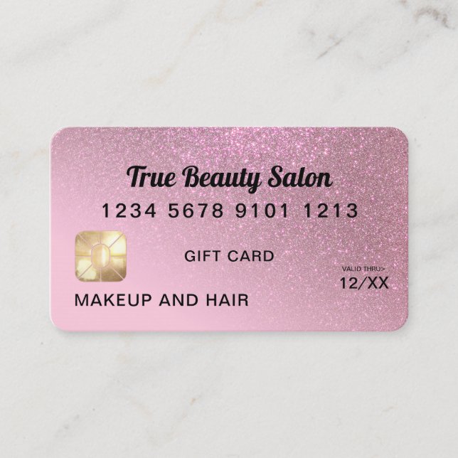 Rose Pink Glitter Credit Card Gift Certificate (Front)