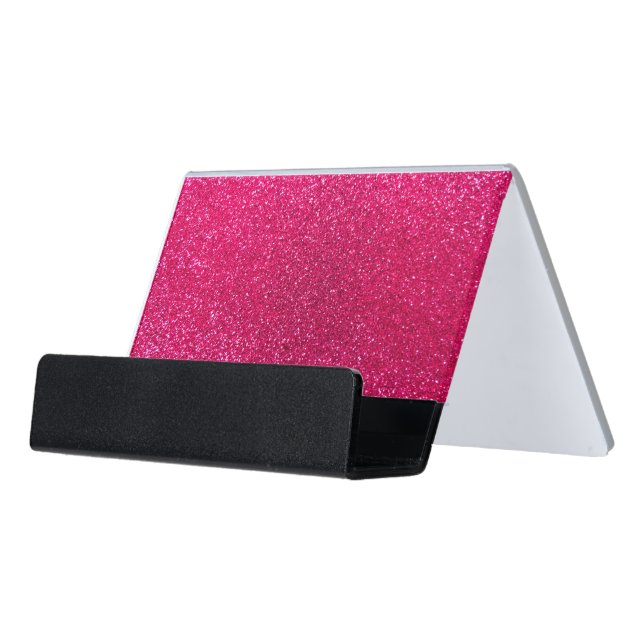 Rose pink glitter desk business card holder (Angled Front)