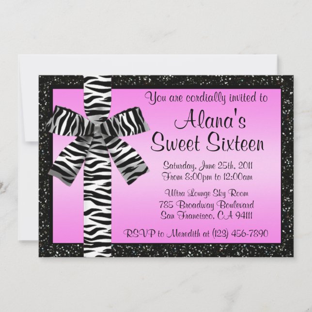Rose Pink Glitter Invite With Zebra Print Bow (Front)