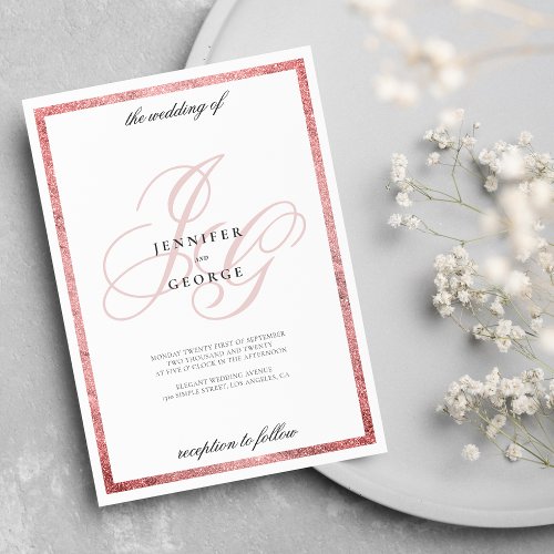 Rose pink glitter monogram initials white wedding invitation