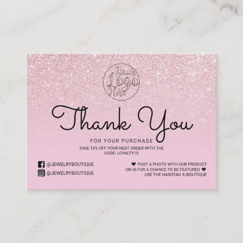 Rose Pink Glitter Ombre Customer Thank You Business Card