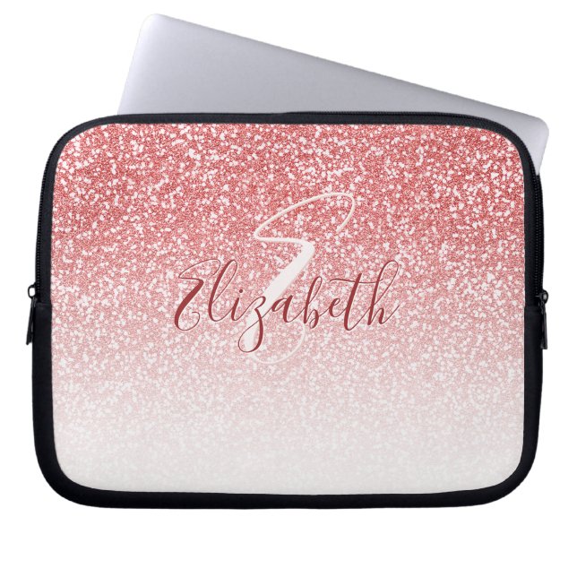 Rose Pink Glitter Ombre Monogram Laptop Sleeve (Front)