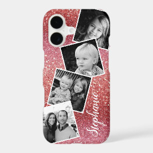 Rose Pink Glitter Photo Collage Personalized Name iPhone 17 Case