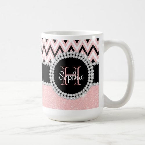Rose Pink Glitter Pink Chevron Monogram Coffee Mug