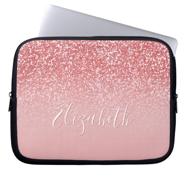 Rose Pink Glitter Pink Ombre Name Laptop Sleeve (Front)