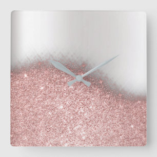 Rose Pink Glitter Silver Gray Minimal Metallic Square Wall Clock