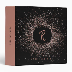 Rose Pink Gold & Black Glitter Frame Monogram 3 Ring Binder