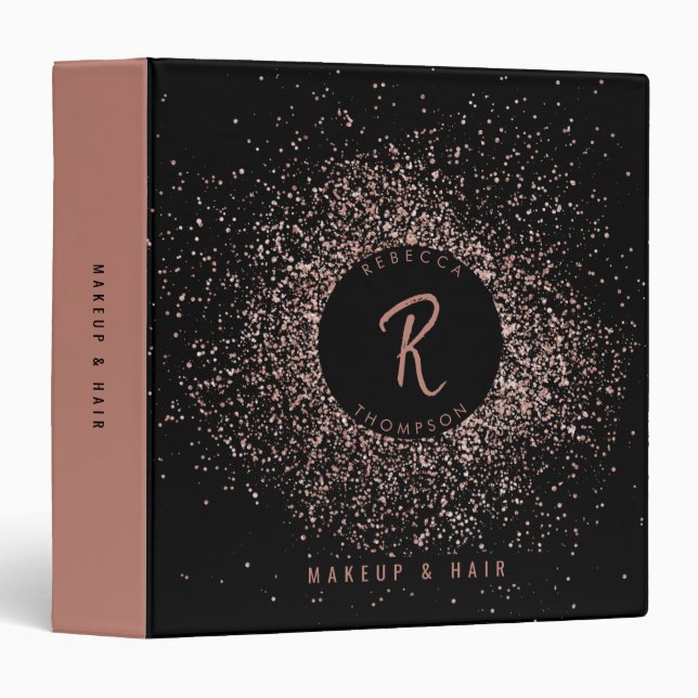 Rose Pink Gold & Black Glitter Frame Monogram 3 Ring Binder (Front/Spine)