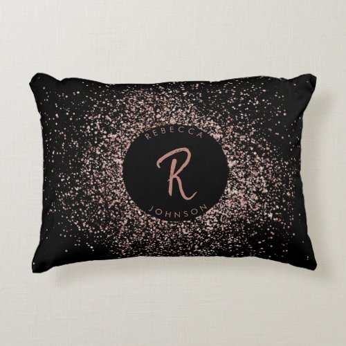 Rose Pink Gold  Black Glitter Frame Monogram Accent Pillow