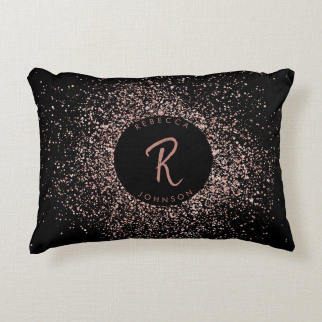 Rose Pink Gold & Black Glitter Frame Monogram Accent Pillow (Front)