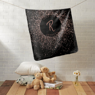 Rose Pink Gold & Black Glitter Frame Monogram Baby Blanket