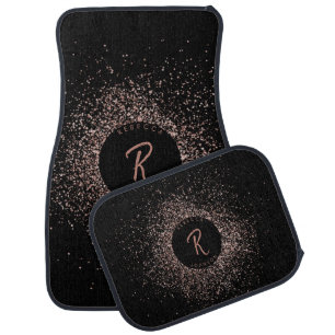 Rose Pink Gold & Black Glitter Frame Monogram Car Floor Mat