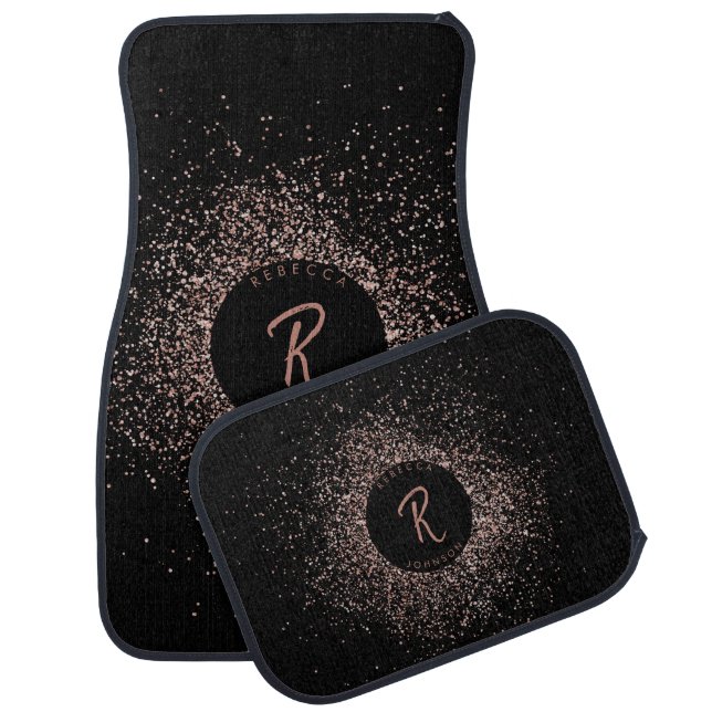 Rose Pink Gold & Black Glitter Frame Monogram Car Floor Mat (Set)