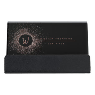 Rose Pink Gold & Black Glitter Frame Monogram Desk Business Card Holder