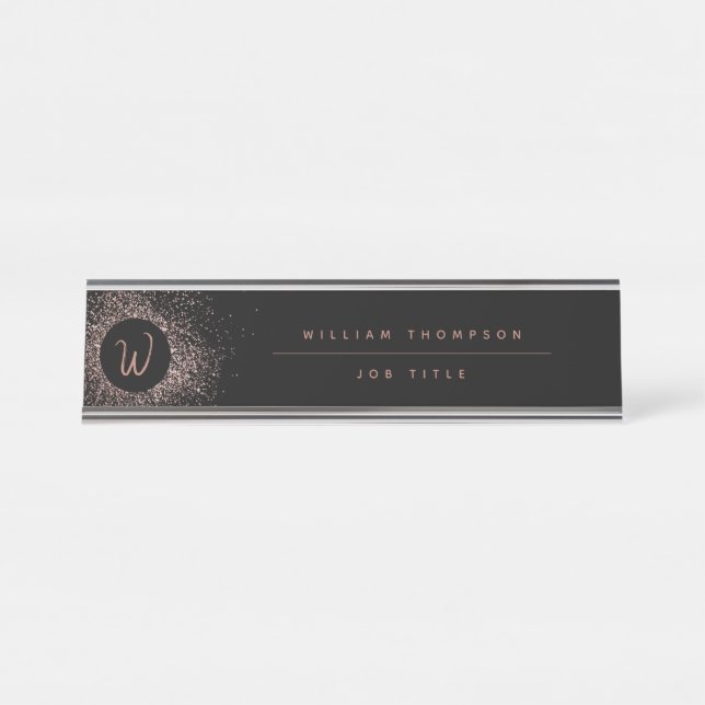 Rose Pink Gold & Black Glitter Frame Monogram Desk Name Plate (Front)
