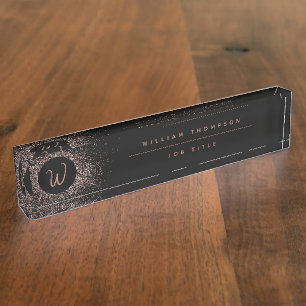 Rose Pink Gold & Black Glitter Frame Monogram Desk Name Plate
