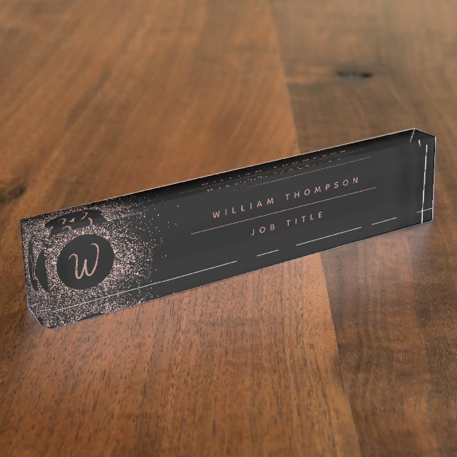Rose Pink Gold & Black Glitter Frame Monogram Desk Name Plate (Side)