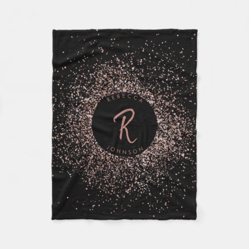 Rose Pink Gold  Black Glitter Frame Monogram Fleece Blanket