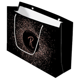 Rose Pink Gold & Black Glitter Frame Monogram Large Gift Bag