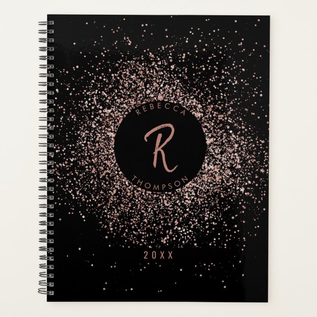 Rose Pink Gold & Black Glitter Frame Monogram Planner (Front)