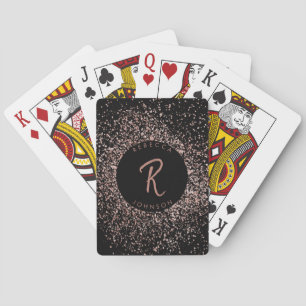 Rose Pink Gold & Black Glitter Frame Monogram Poker Cards