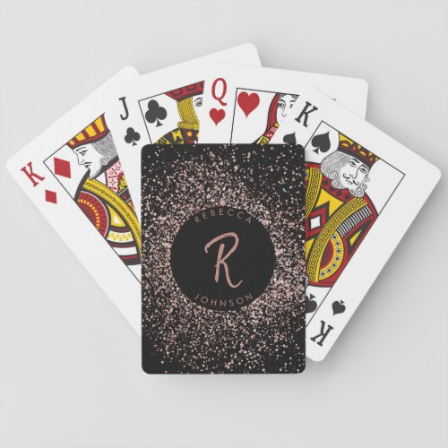 Rose Pink Gold  Black Glitter Frame Monogram Poker Cards