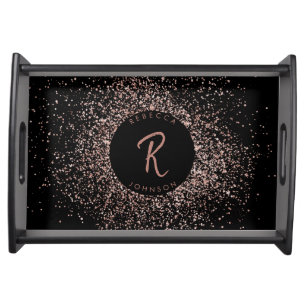 Rose Pink Gold & Black Glitter Frame Monogram Serving Tray