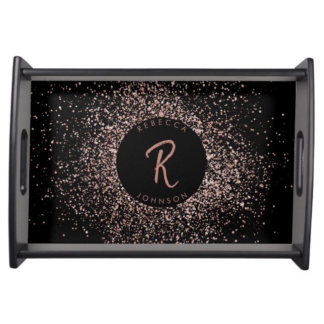 Rose Pink Gold & Black Glitter Frame Monogram Serving Tray (Front)