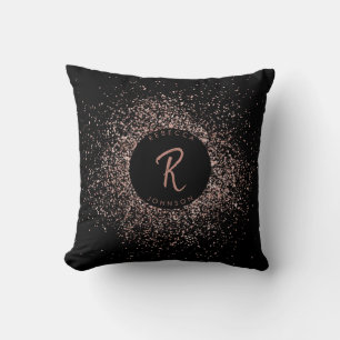 Rose Pink Gold & Black Glitter Frame Monogram Throw Pillow