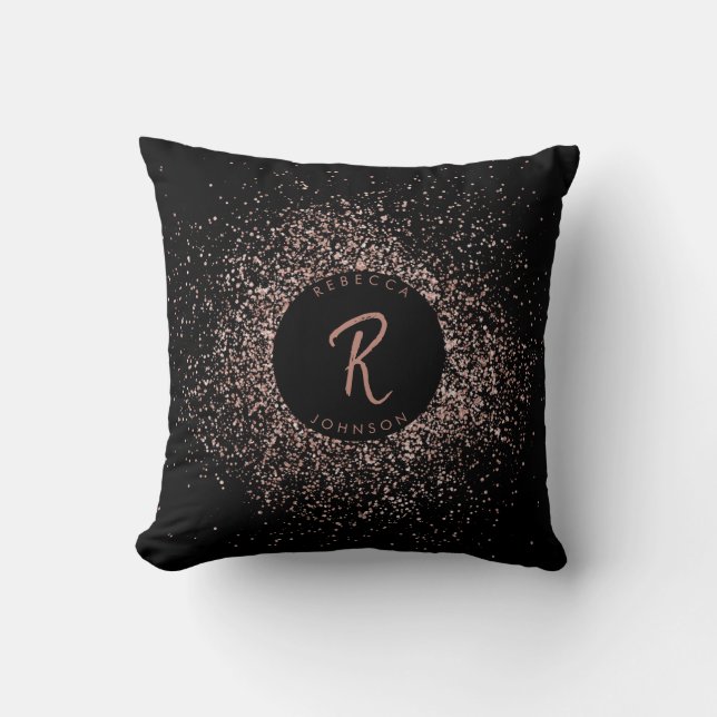 Rose Pink Gold & Black Glitter Frame Monogram Throw Pillow (Front)