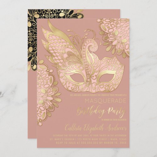 Rose Pink Gold Black Masquerade Mask Birthday Invitation