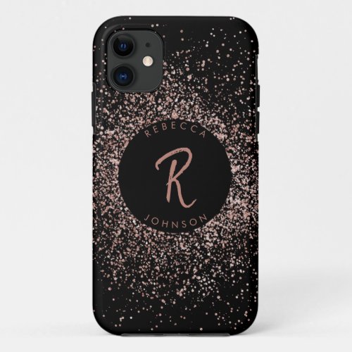 Rose Pink Gold  Black Monogram iPhone 11 Case