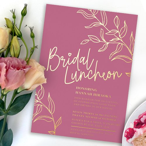 Rose pink gold branch of leaves bridal Luncheon Foil Invitation